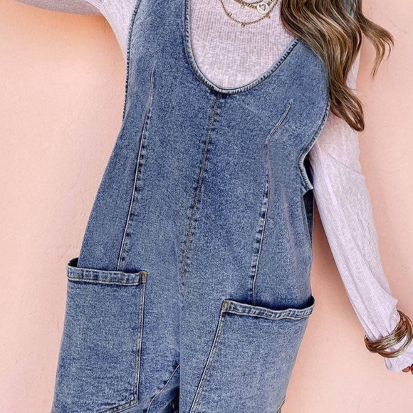 Denim Sleeveless Patched Pocket Romper - Picture 1 of 2